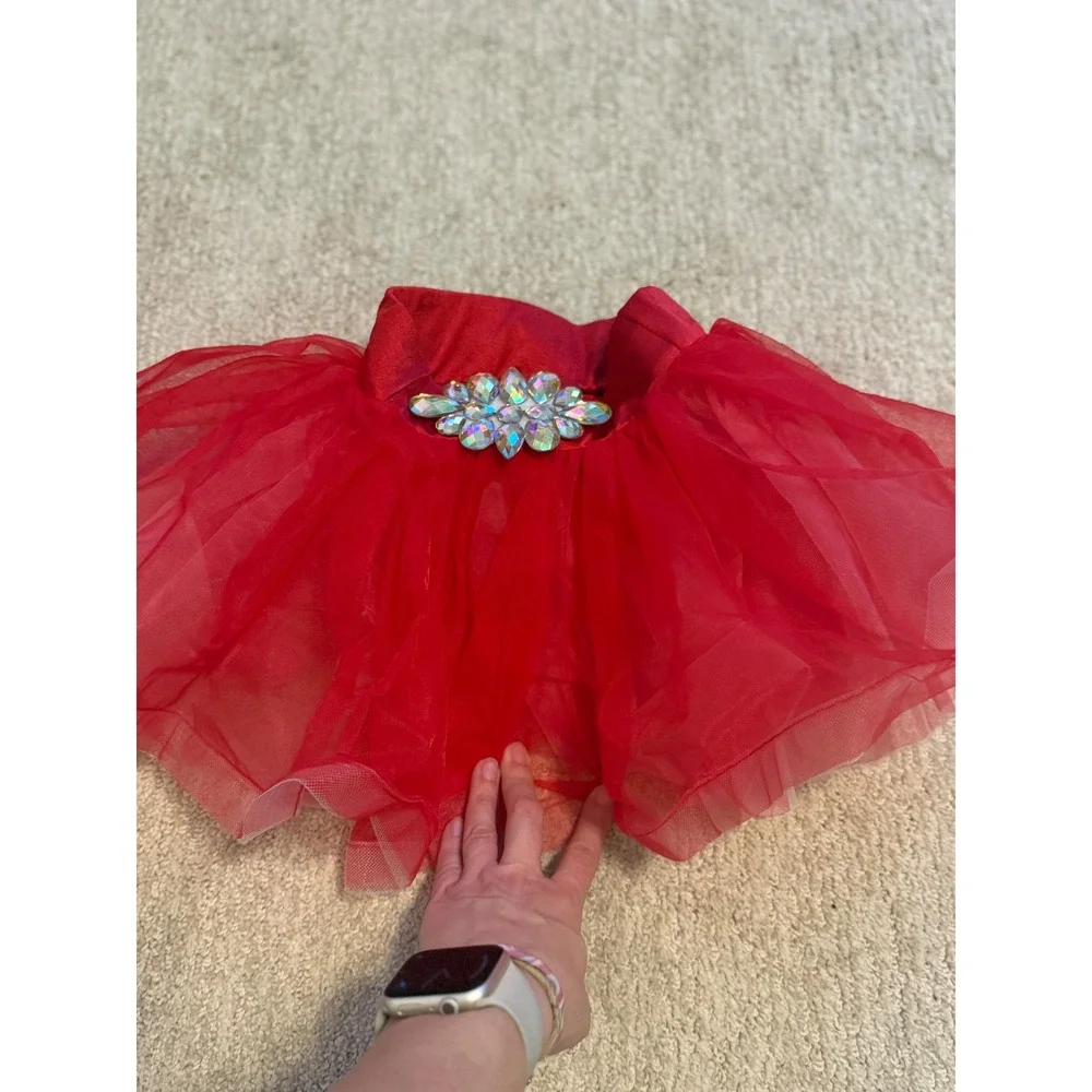 Sparkly Red Weissman‎ Dance Costume + Feather & Tulle Skirts + Bow! 💃